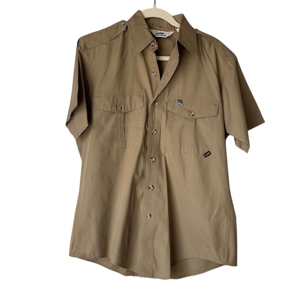 Vintage Duxbak Men's M Beige Short Sleeve Button-Up Shirt Casual